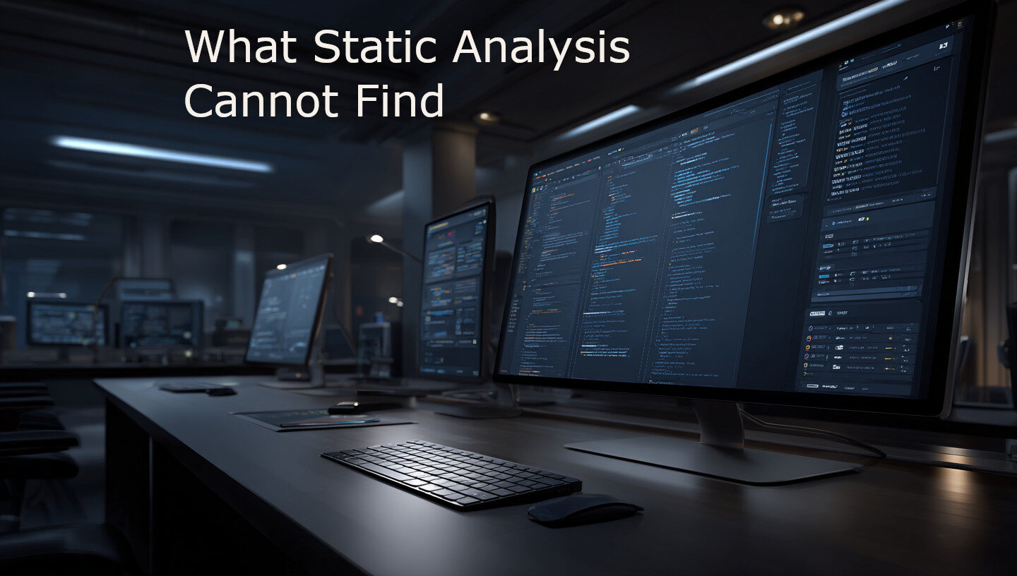 AI Generated Image: A surreal software engineering scene showing hidden bugs lurking beneath clean code, cinematic split between a polished IDE interface and a chaotic shadow world underneath, glowing code streams, subtle warning symbols fading into darkness, abstract visualization of runtime failures and edge cases invisible to static analysis, modern developer workstation, dark mode aesthetic, atmospheric blue and purple lighting, highly detailed digital art, futuristic but grounded, intelligent and thought-provoking, editorial tech blog illustration, no text, no logos, wide composition
